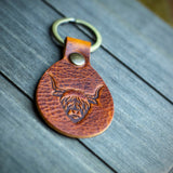 handcrafted vegetable tanned leather highland cow key chain