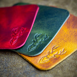 handcrafted colourful vegetable tanned leather scottish stag coasters